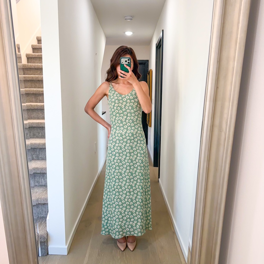 Y2K 100% Silk 90s Vintage Floral Boho Cottagecore Coquette Green Maxi Dress 4